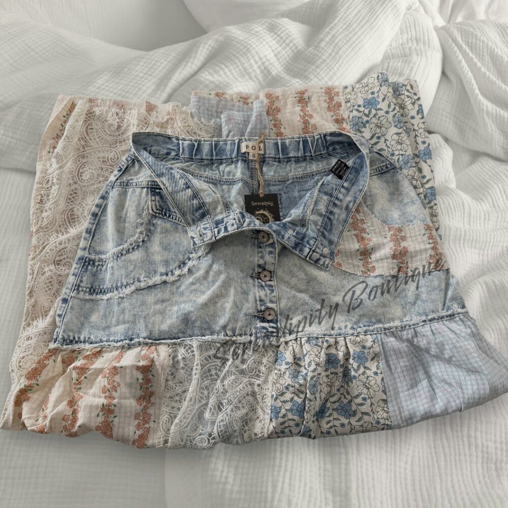 POL Boho Gypsy Flowy High Waisted Cotton Denim Lace Baggy Maxi Jean Skirt - Picture 8 of 14